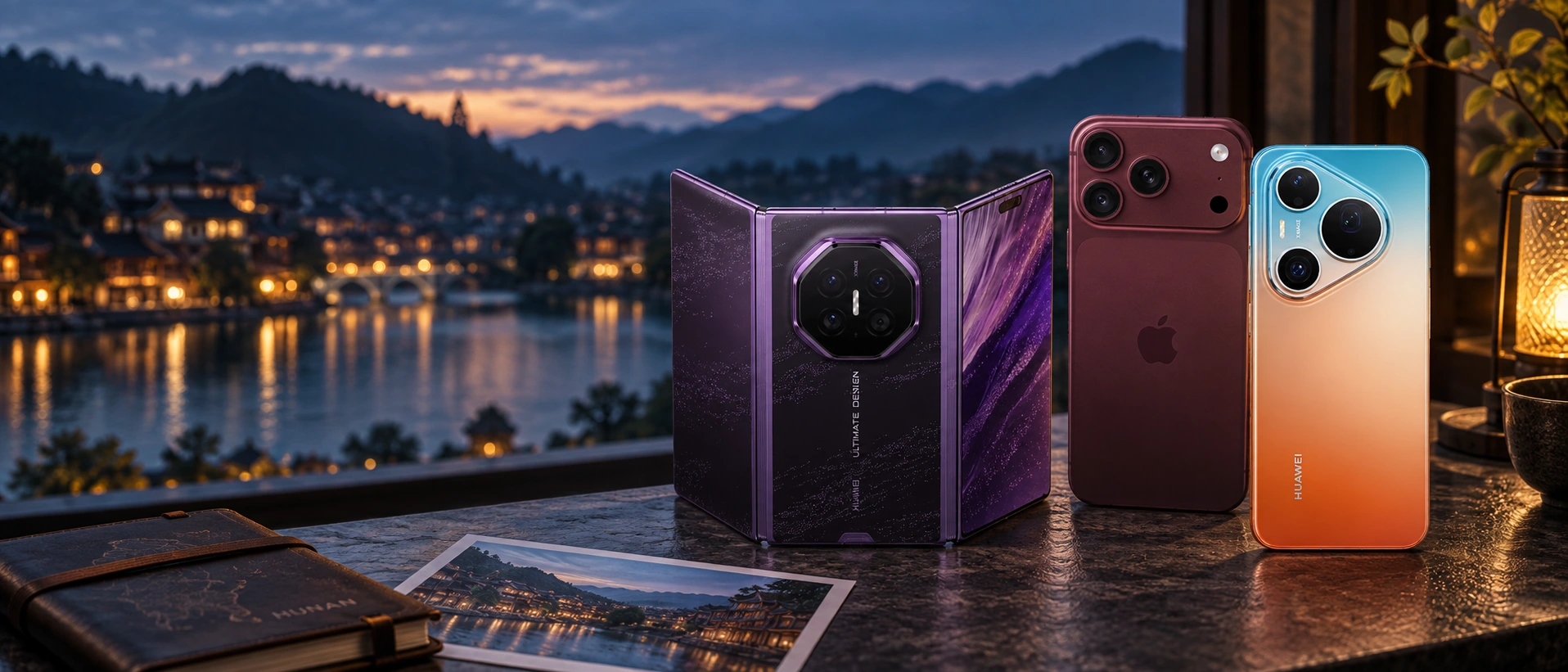 江畔蓝调:Mate XT 2、iPhone 18 Pro 与 Pura 90 Pro Max 橘子海同置窗边桌面,旅行照片记录共同回忆;参考官网产品图生成的 AI 创意场景